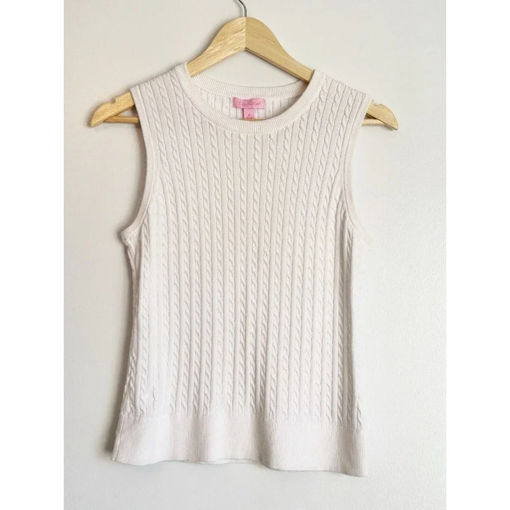 Lilly Pulitzer Cable Knit Sweater Vest Size Medium White Staple Layering Top